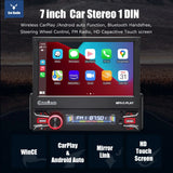 7" Single 1 DIN Flip Out Car Radio Stereo Apple Carplay & Android Auto HD Touch Screen MP5 Player Head Unit Bluetooth FM USB SWC