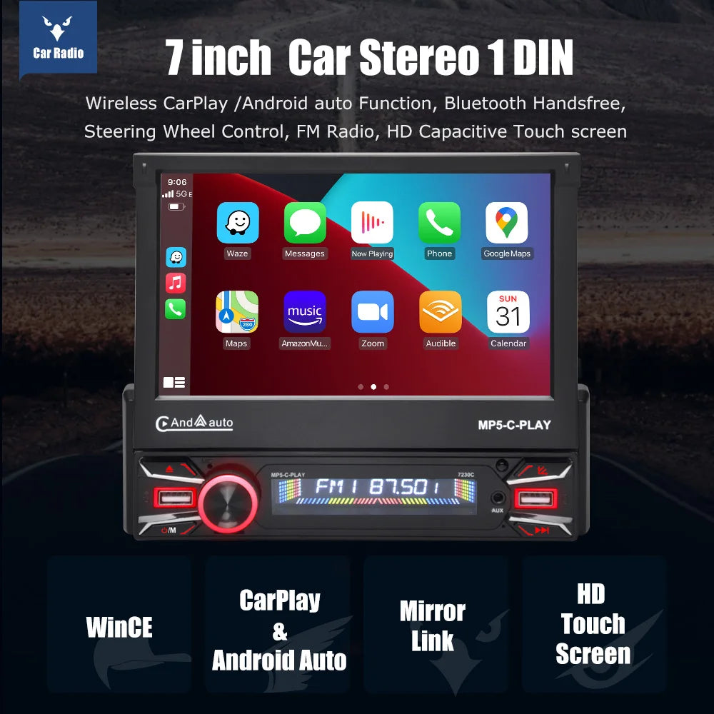7" Single 1 DIN Flip Out Car Radio Stereo Apple Carplay & Android Auto HD Touch Screen MP5 Player Head Unit Bluetooth FM USB SWC