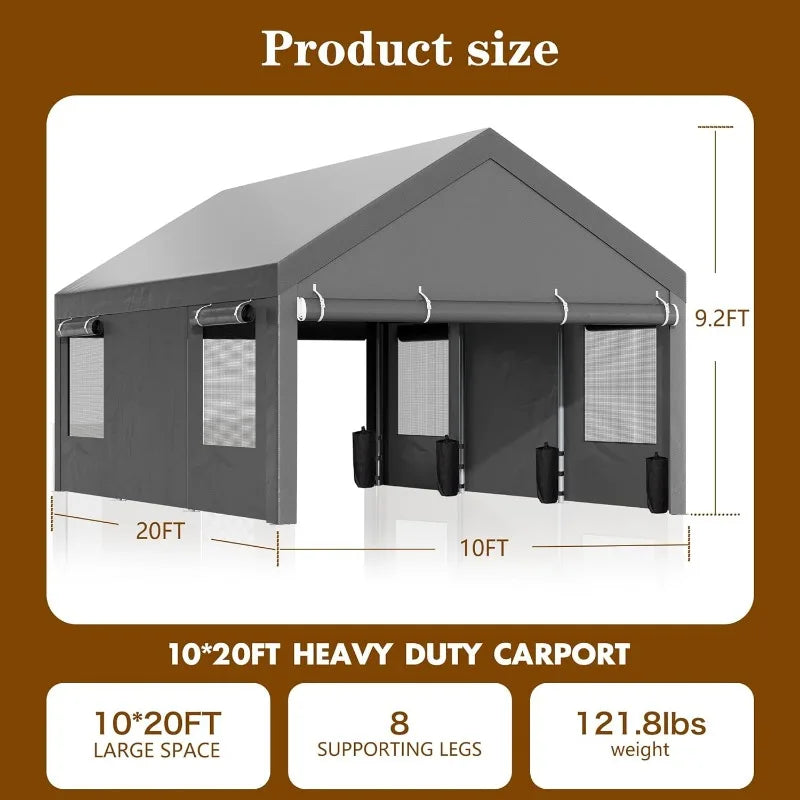 12x20 FT Carport, Heavy Duty Carport Canopy with Roll-up Windows, Portable Garage with Removable Sidewalls & Doors, Boat,Gray