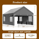 12x20 FT Carport, Heavy Duty Carport Canopy with Roll-up Windows, Portable Garage with Removable Sidewalls & Doors, Boat,Gray