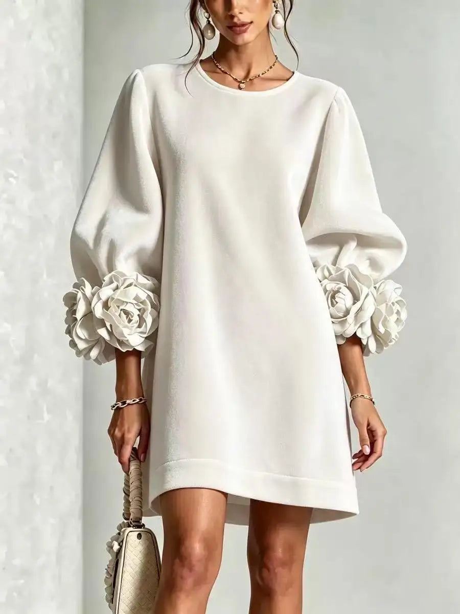 Fall Winter New Arrival Women Korean Velvet Dress, Fashion Long Sleeve Dress with 3D Stereo Floral Cuffs for Party Daily