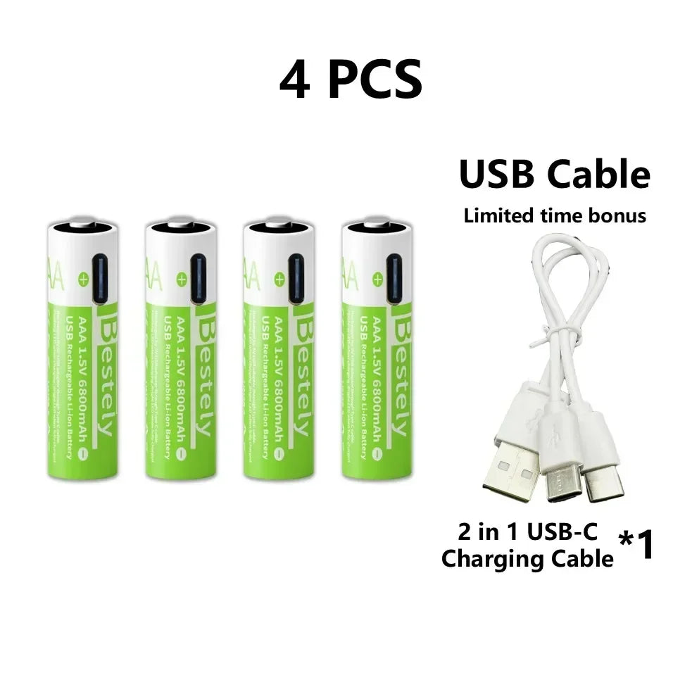 2025 Pro 1.5V AAA 6800mAh Rechargeable Battery, Type-C Fast Charging Li-ion Batteries, 2000 Cycles LED Indicator with Free Cable