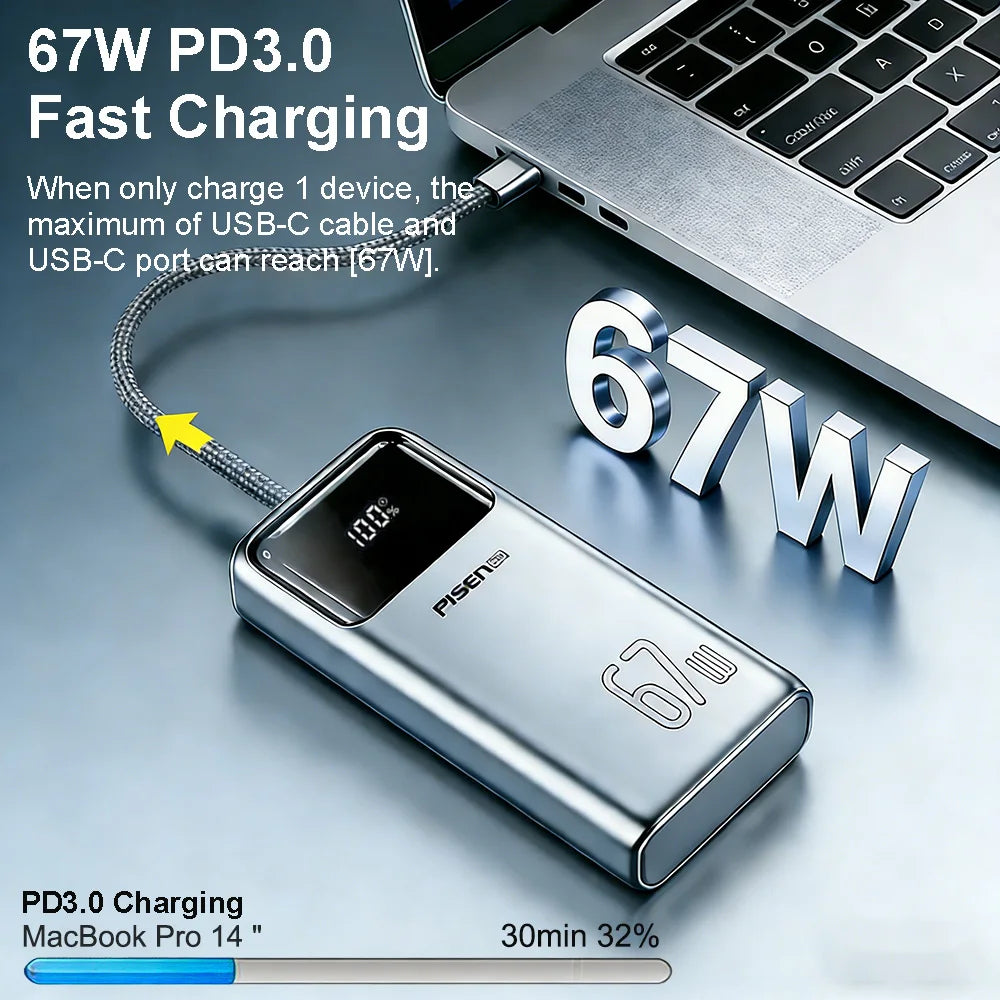 PISEN 20000mAh 67W Power Bank With Fast Charging Cable External Battery For 65W Laptops/ 45W Samsung Phones/ iPhone & iPad