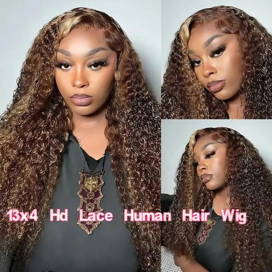 Deep Wave Curly Human Hair Wig Honey Blonde Highlight Wig Human Hair 5x5