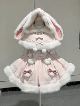 Japanese Lolita Two Pieces Set Women Sweet Patchwork Furry Slip Dress + Sweet Cute Rabbit's Ears Hooded Cape Coat JK Bow Suit