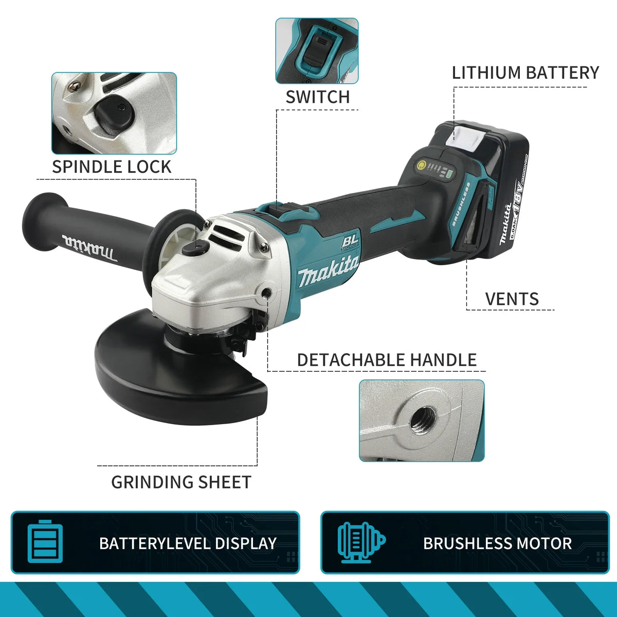 Makita DGA506 18V 125mm Brushless Angle Grinder Electric Polishing Machine Metal Grinding Tool for DIY And Professional Use