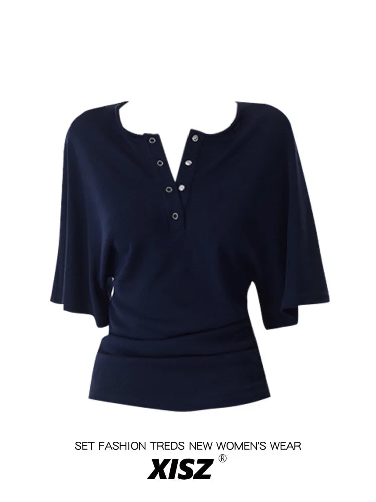 Women's Blue Shirts and Blouses Y2k Aesthetic Streetwear Vintage Korean 2000s Elegant Short Sleeve Square Collar Shirt Clothes