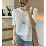 Women's Clothing Loose T-shirt Summer Knit French Style Hollow Out Short Sleeve Ice Silk Tee Lady Large Size O-neck Elegant Tops