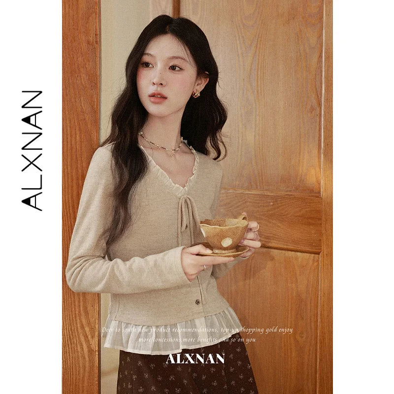 ALXNAN Oat Long Sleeve T-shirt V-neck Thin Strap Bow Buttons Chest Decorated Lace Splicing Neckline and Hem Ladies Tops L67631
