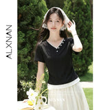 ALXNAN Women's T-shirt V-neck Lace Trim Fake Two Piece Short Sleeve Tees 2026 Summer Elegant Fashion Casual Top Ladies L65706-2