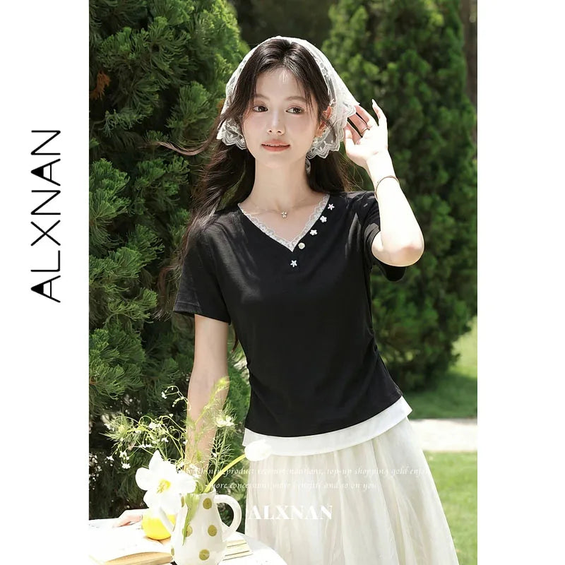 ALXNAN Women's T-shirt V-neck Lace Trim Fake Two Piece Short Sleeve Tees 2026 Summer Elegant Fashion Casual Top Ladies L65706-2