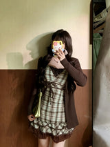 Vintage Dresses 3Piece Set Y2k 2000s Woman Clothes Hot Sweet Harajuku Coat+Plaid Top+Mini Skirt Kawaii Japanese Sexy Summer Chic