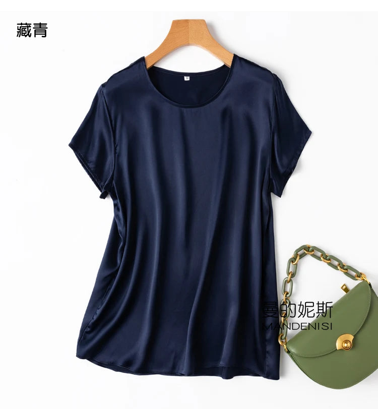 Benefits! Flowing Gem Series Basic Style Versatile Round Neck 100% Mulberry Silk Short Sleeve Silk Satin T-Shirt Top