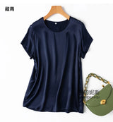 Benefits! Flowing Gem Series Basic Style Versatile Round Neck 100% Mulberry Silk Short Sleeve Silk Satin T-Shirt Top
