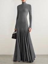 Freeacy Women's Grey Knit Maxi Dress Turtleneck Long Sleeve with Fitted Bodice and Flared Mermaid Skirt Elegant Party Dresses