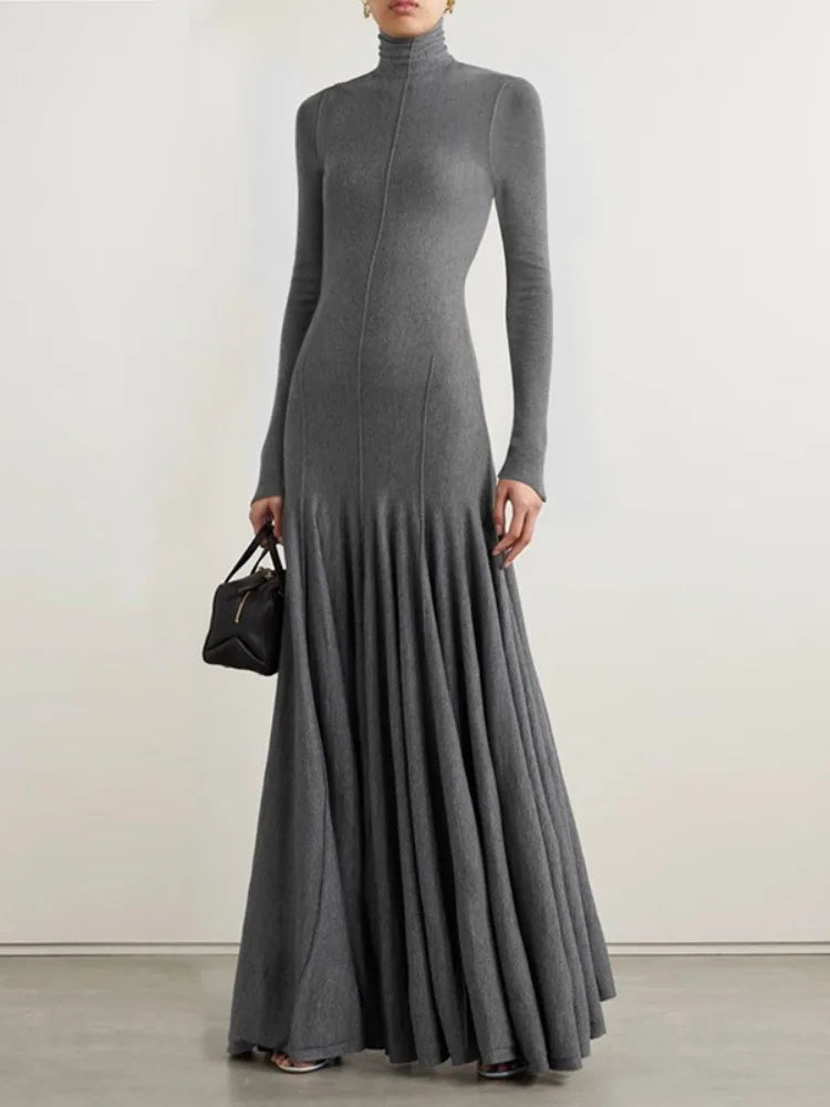 Freeacy Women's Grey Knit Maxi Dress Turtleneck Long Sleeve with Fitted Bodice and Flared Mermaid Skirt Elegant Party Dresses