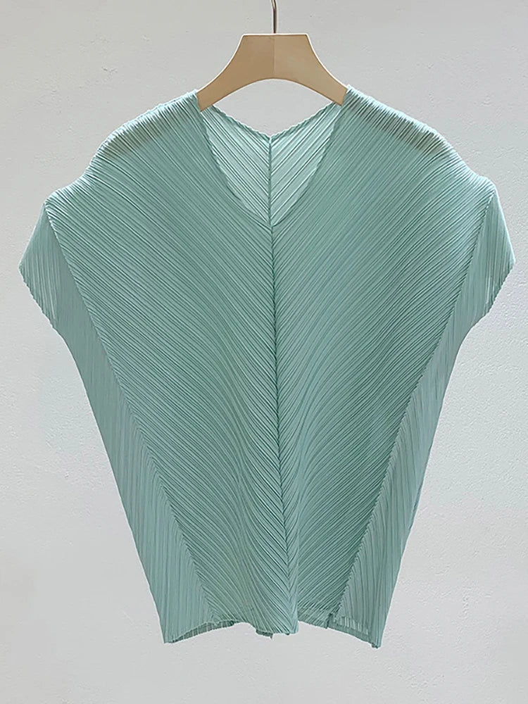 Miyake Pleated Drop Sleeves V-neck T-shirt Women's Korean Fashion Casual Tops Designer Aesthetic Clothing