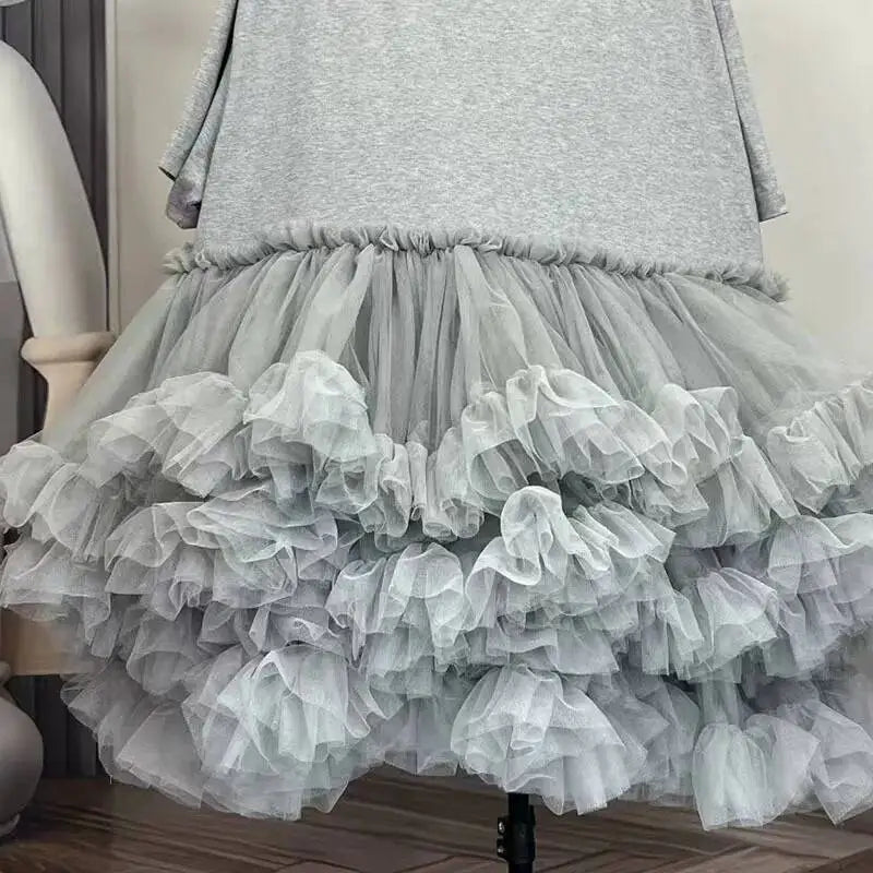 [EWQ] Fashion Streetwear Ball Gown Dress Solid Colors Spliced Irregular Mesh Loose Women Dresses 2025 Summer New Tide 16O6549