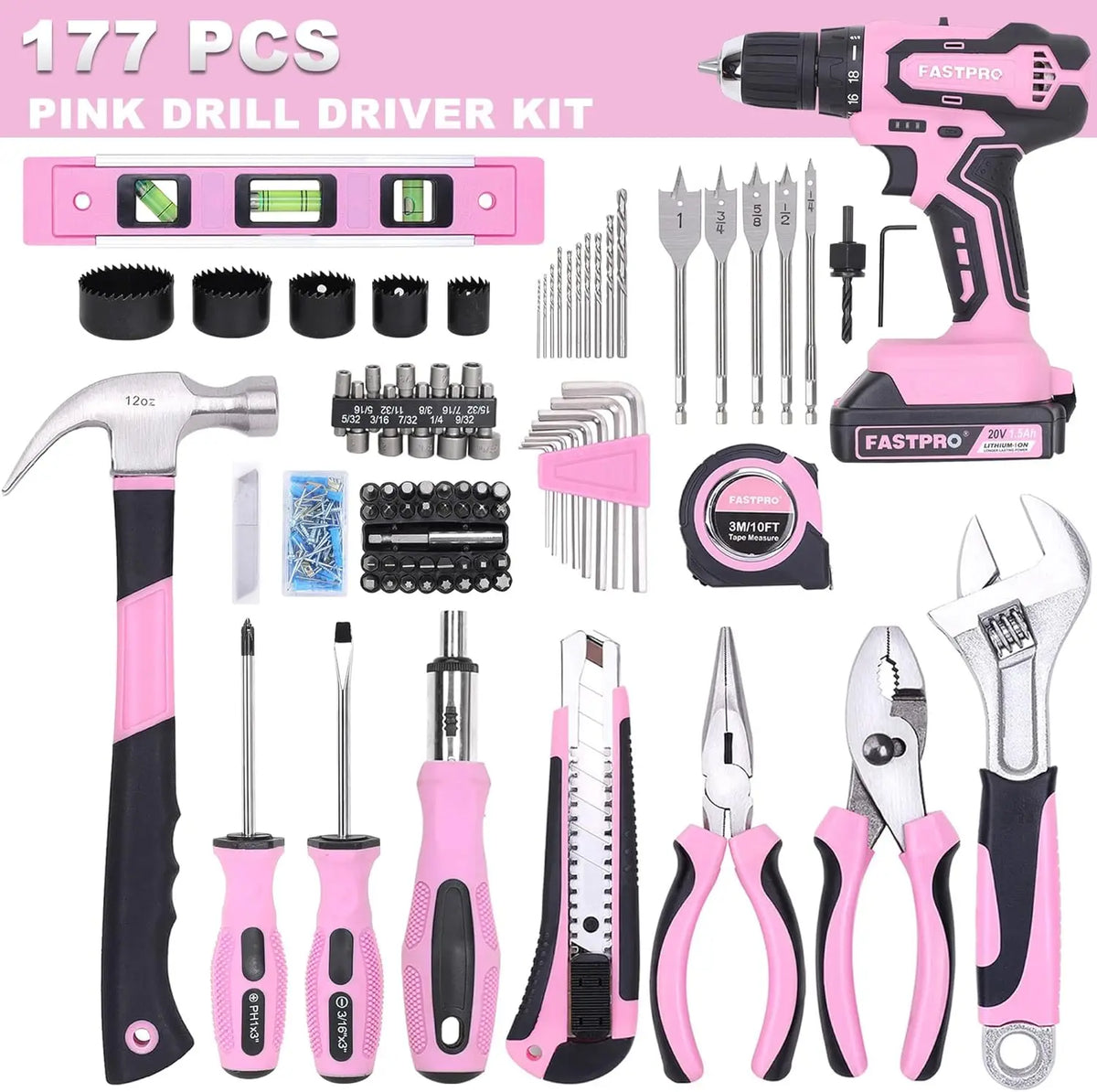 177-Piece Pink Cordless Drill and Tool Set for Women, 20V Lithium-ion with Storage Case