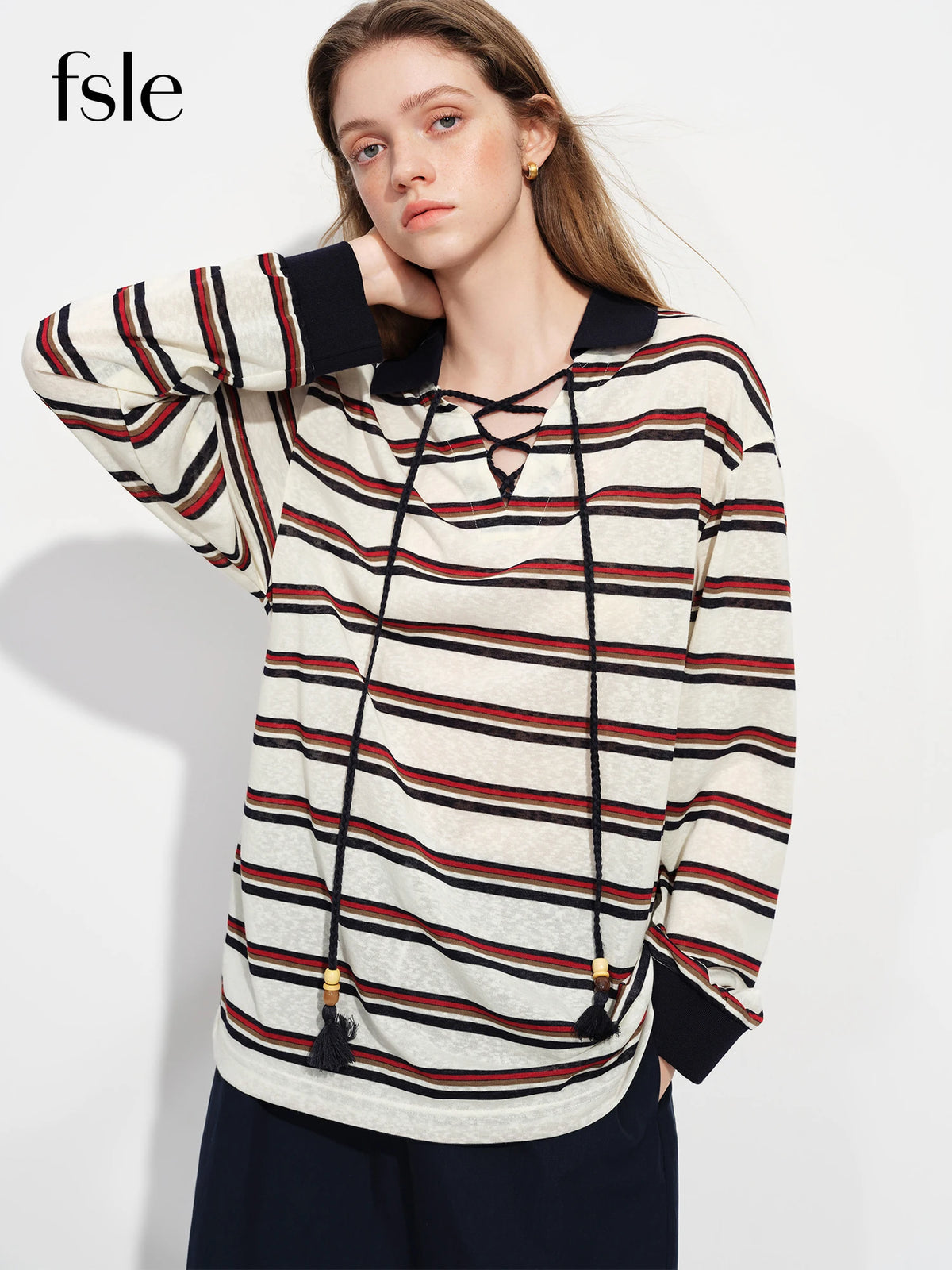 FSLE Women's Color Block Striped Long-Sleeve T-Shirt with Lapel Collar, Spring 2026 New Style Loose American Retro Top
