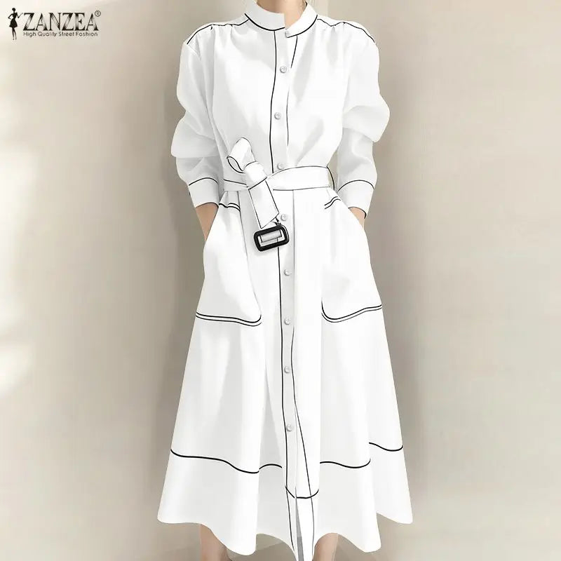 ZANZEA Fashion Long Shirt Dresses Women Elegant Streetwear Office Lady Midi Vestidos Belted Casual Autumn Long Sleeve Party Robe