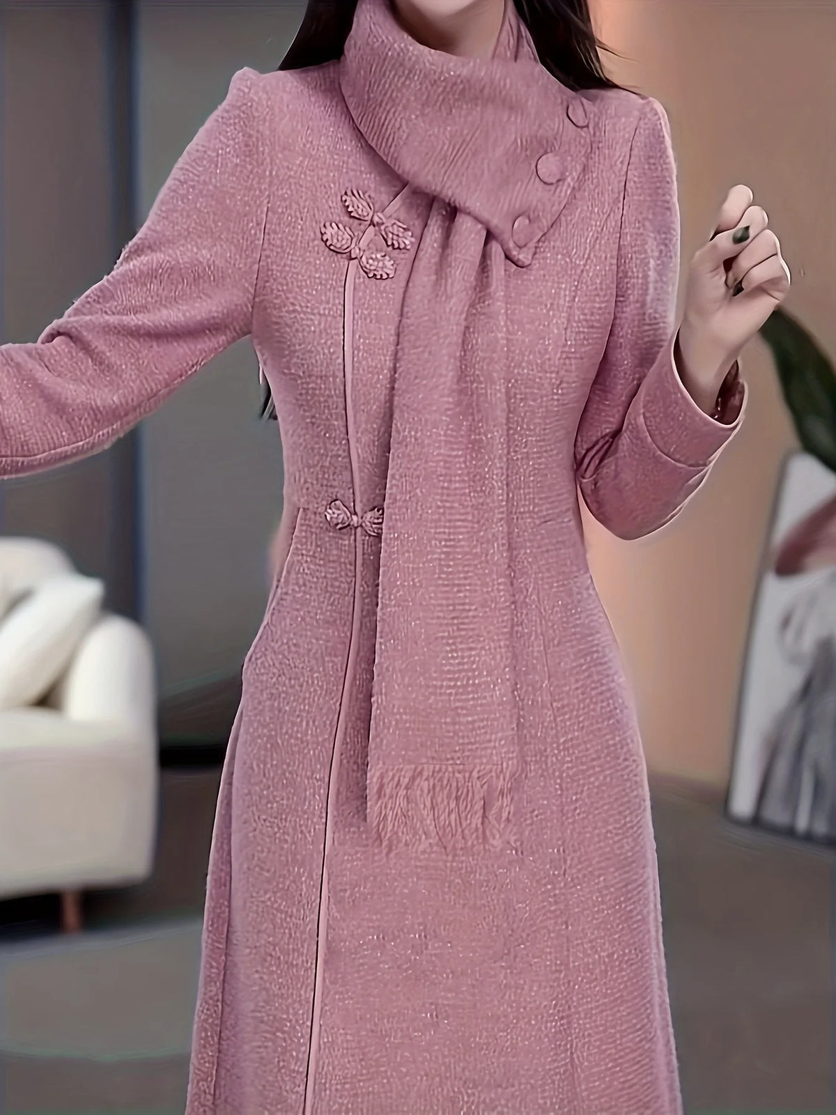 Women's Pink Cheongsam Style Woolen Dress Long Sleeve High Neck Elegant Winter Maxi Dress