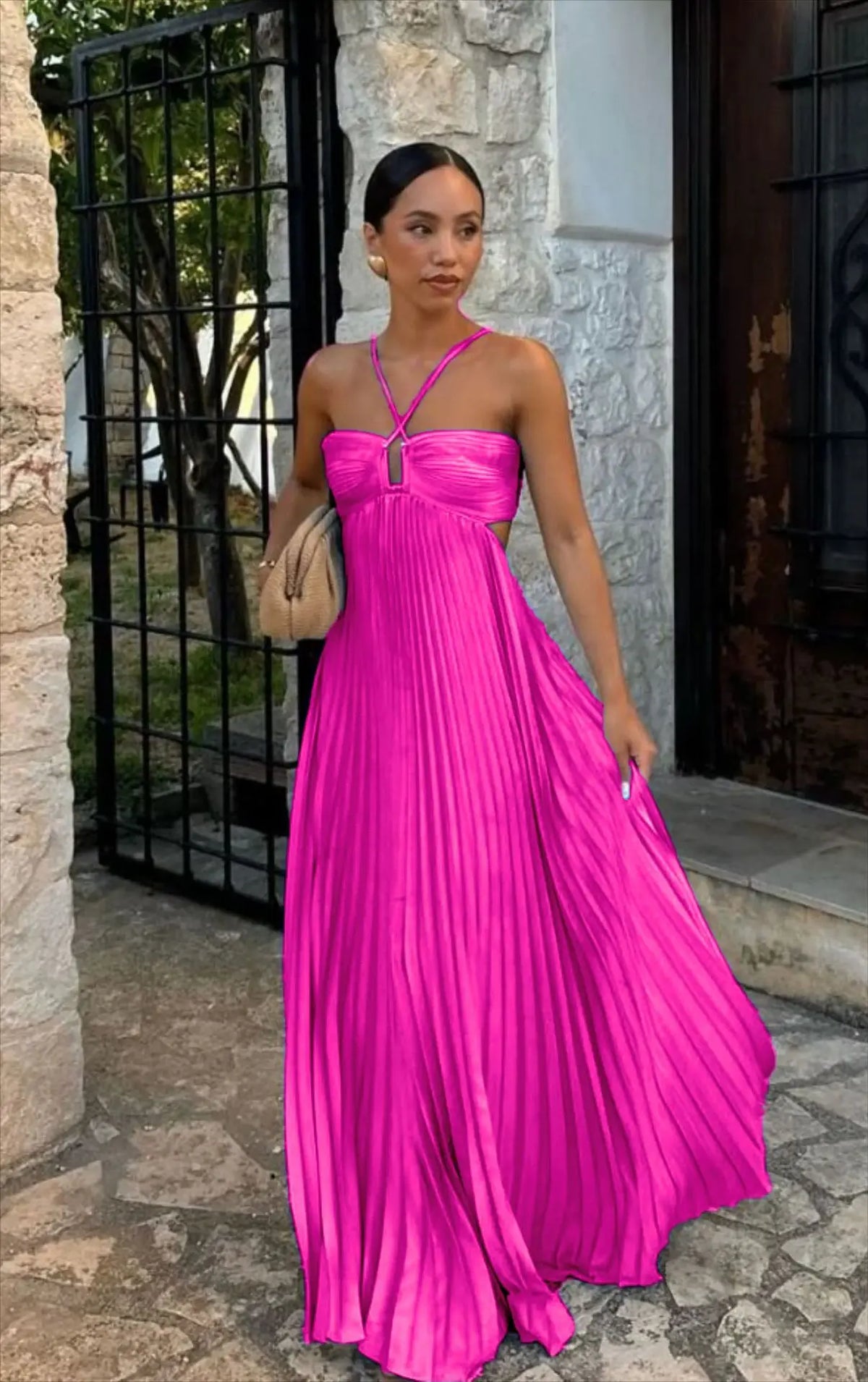 Blue Pleated Halter Long Dress Women's Solid Sleeveless Backless Lace-up Maxi Dress Summer Beach Vacation Evening Party Vestidos