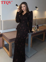 TTQV Fashion Loose Print Women's Dress 2026 Spring V-Neck Long Sleeve Maxi Dresses Elegant Classic High Waist Female Dress