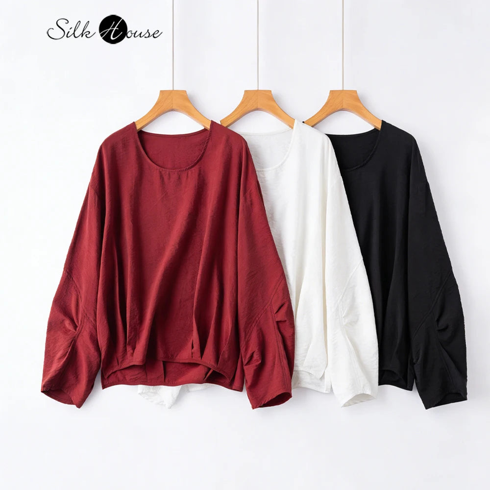 Stereoscopic Cut 76% Natural Mulberry Silk Dried Silk Round Neck Drop Shoulder Long Sleeved Loose Slit Solid Women's T-shirt