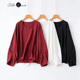 Stereoscopic Cut 76% Natural Mulberry Silk Dried Silk Round Neck Drop Shoulder Long Sleeved Loose Slit Solid Women's T-shirt