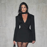 2025 New Waist Cinching Mini Dress Women Fashion Full Sleeve Deep V-neck Double Breasted Short Dresses Lady Party Street Gown