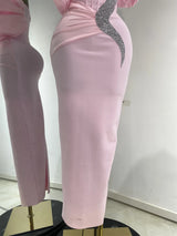 Pink Off Shoulder Satin Bandage Patchwork Evening Dress Silver Glitter Rhinestone Corset Formal Party Gown Guest Look Wholesale