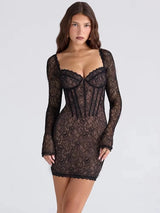 Mozision Lace Long Sleeve Sexy Maxi Dress Women Elegant Square Collar Strapless Backless Split Bodycon Club Party Long Dress