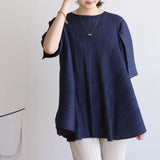 LANMREM Chic Summer New Pleated Women's T-shirt Loose-fitting Back Drawstring Design Irregular Mid Length Pullover Tops 2DB7256
