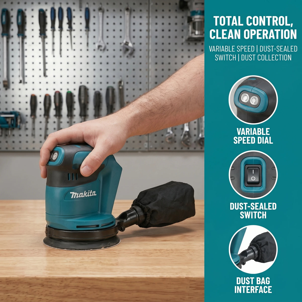 Makita DBO180Z 18V Brushless Cordless Orbital Sander  3 Speed 7000-11000 OPM with Pad Brake for Furniture Use
