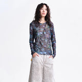 MOVEUP Long-Sleeved Crew Neck Top, Spring 2026 New Geometric Print Mesh Ruffled Hem Personalized Casual Top For Women 3ELC10535