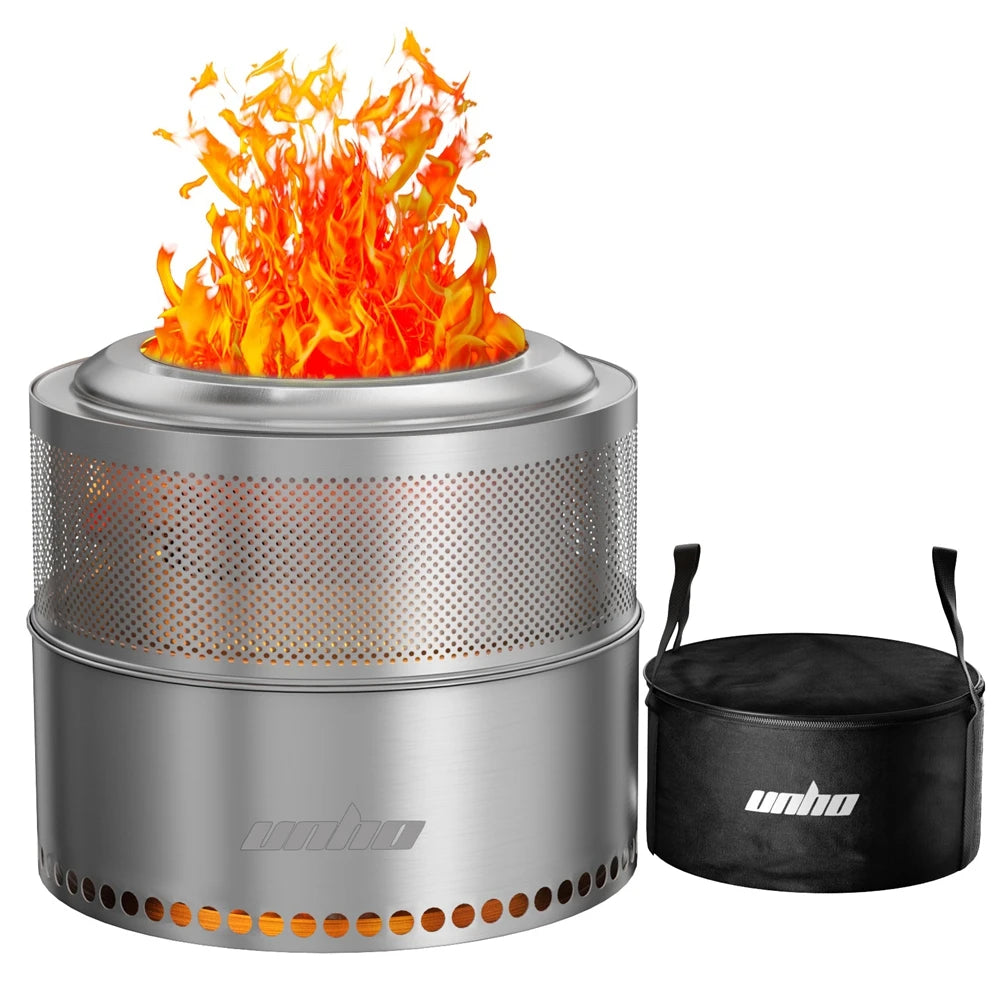 Unho 19-Inch Smokeless Fire Pit, Portable 304 Stainless Steel Camping Stove with Carry Bag, for Outdoor Wood Burning & BBQ