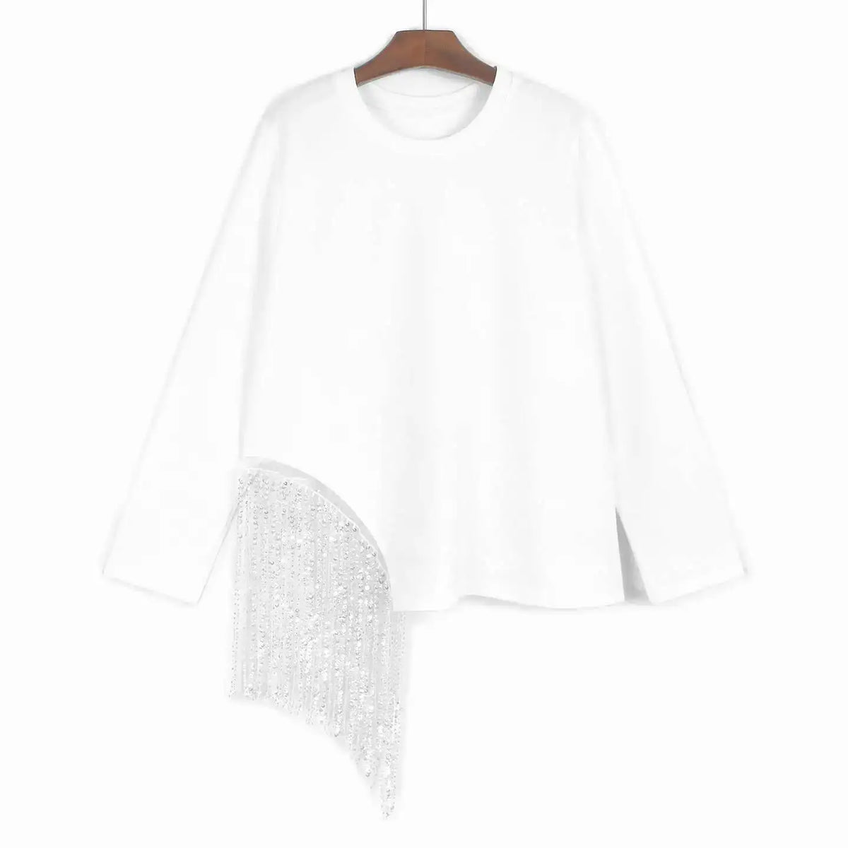 [EWQ] Korean Style Unique Design Beaded Tassel T-Shirt Long Sleeve Beautiful Pullover All Match T Shirt For Women Autumn New