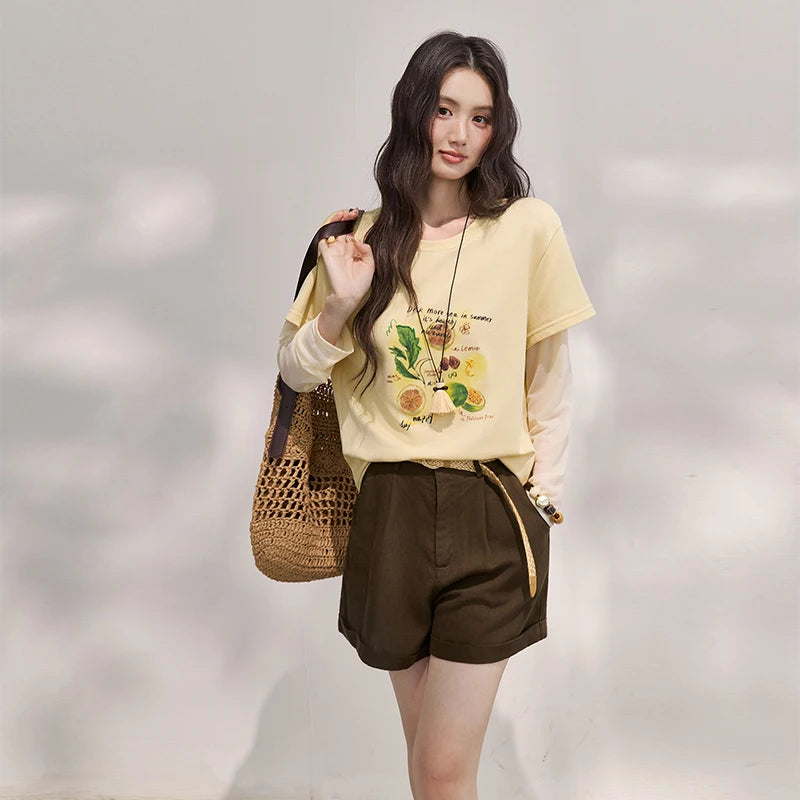 MISHOW Women's Mesh Splice Fake Two Piece Long Sleeve T-Shirt 2026 Summer Lemon Fruit Print Tee Loose Slim Casual Top MXF28T1696