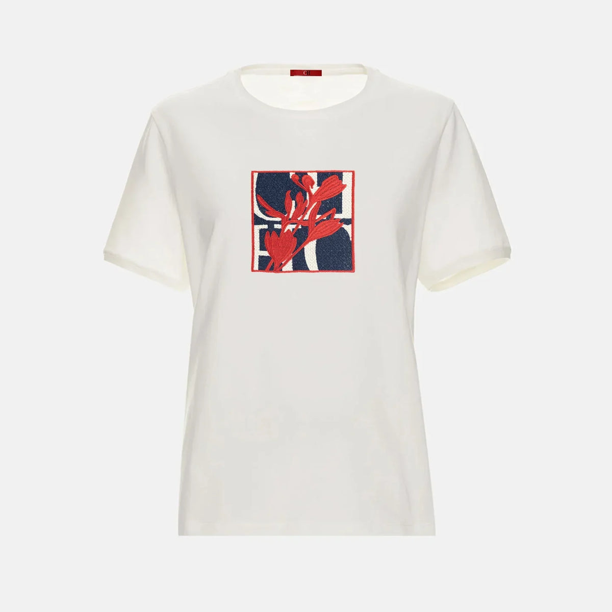 CH Square Floral Embroidered Slim Fit T-Shirt Women Crew Neck Short Sleeve Premium Casual Top