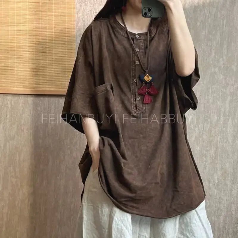 2026 Spring Summer New Arts Style Women O-neck Short Sleeve Casual Tshirt Cotton Femme Tops Vintage Loose T shirt Good Quality