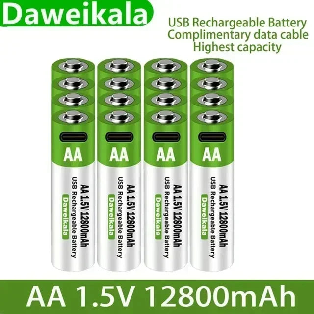 2025 High capacity 12800mAh USB AA 1.5V Li-ion Rechargeable Battery for Remote Control Mouse Electric Toy Battery + Type-C Cable