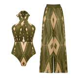 Summer Women Bikini Push Up Swimsuit Halter Neck Geometric Pattern Print One Piece Swimsuit Backless Swimwear Bathing Suit