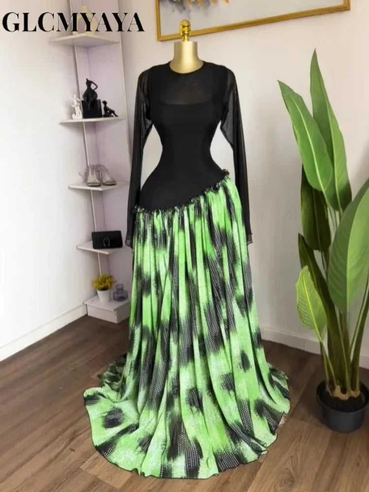 GLCMYAYA Women Mesh Print Full Sleeve O-neck Elegant Long Maxi Dress Fall Birthday Holiday Evening Sexy Party Dresses Vestidos