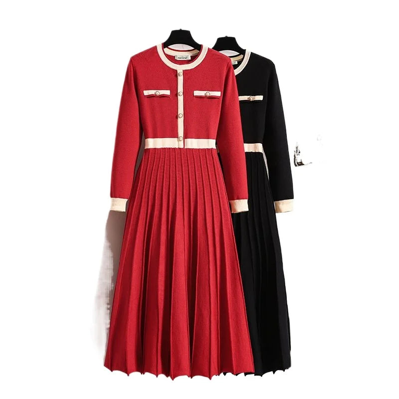 2026 New Autumn Winter Women O-neck Long Sleeve Knitted Pleated A-line Dress Christmas Party Red Sweater Long Dresses