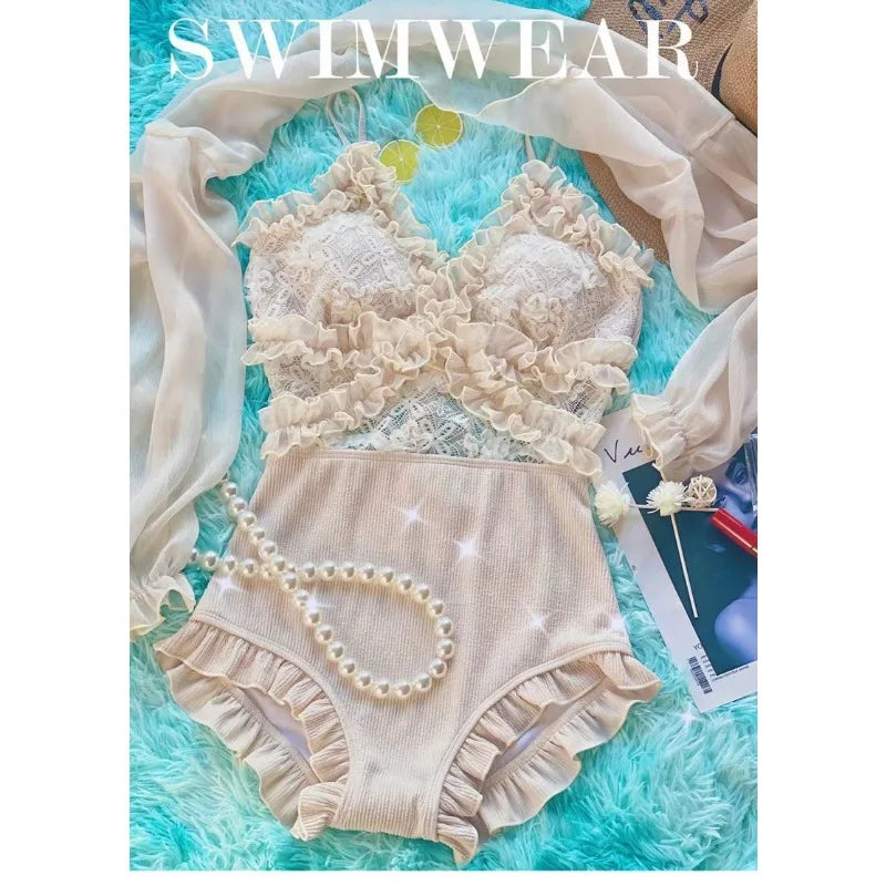 2026 New Swimsuit Women One-piece Flat Corner Conservative Slim and Cover Their Belly Sexy Lace Korean Fairy Swimsuit Women