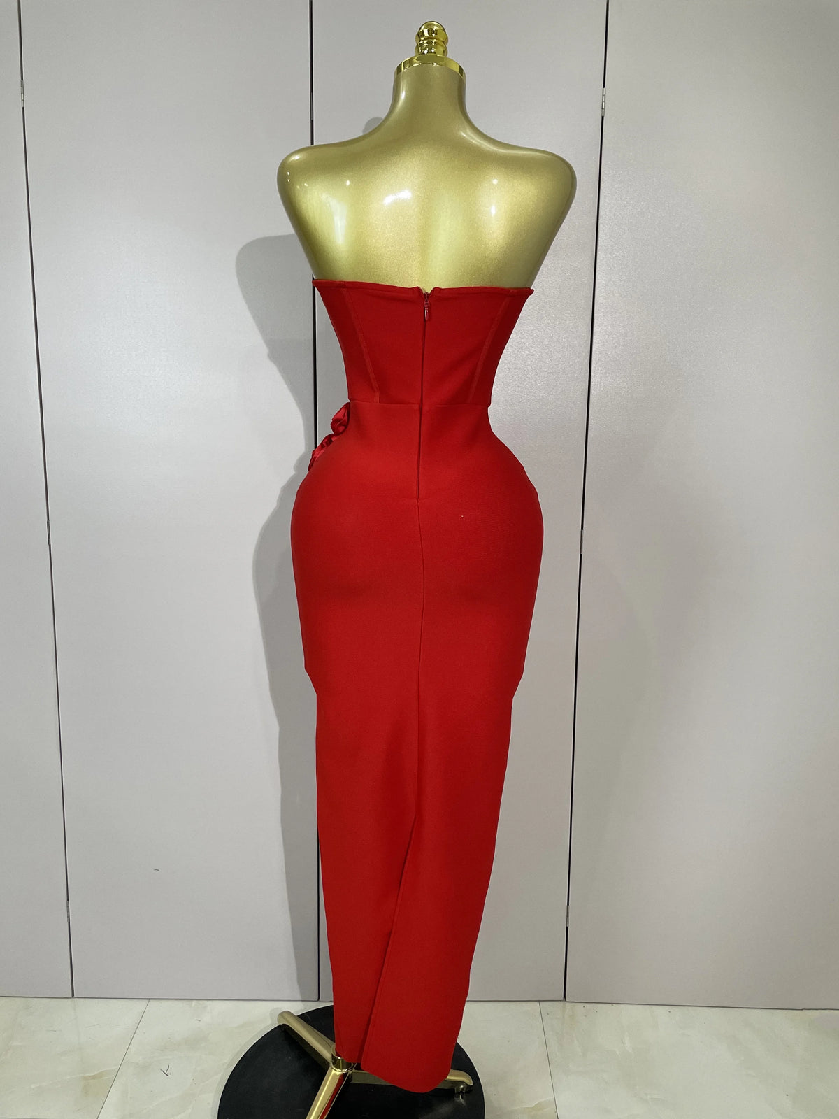 Newest Sexy Strapless Backless Red Flower Long Bandage Dress Women Celebirty Elegant Prom Evening Club Party Birthday Dresses