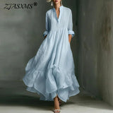Women's Casual Dresses 2026 Spring Elegant V Neck High Waist A-Line Long Dress Retro Solid 3/4 Sleeve Ruffle Hem Boho Maxi Dress