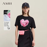 Amii Woman T-shirts 2026 Summer Anti-Bacterial Loose Fit Round Neck Tee Heart Print Cotton Casual Knit Short Sleeve Top 12622026