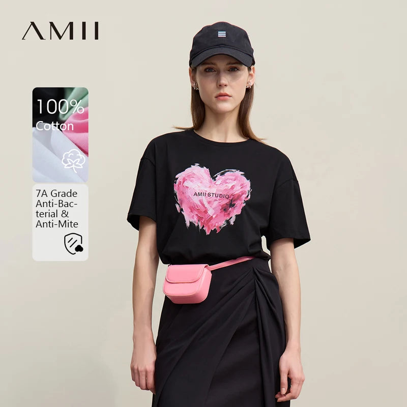 Amii Woman T-shirts 2026 Summer Anti-Bacterial Loose Fit Round Neck Tee Heart Print Cotton Casual Knit Short Sleeve Top 12622026